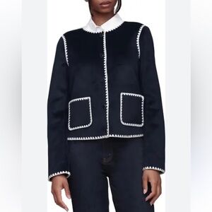 BAGATELLE L Navy White Trim Patch Pocket Snap Front Brushed Woven Jacket